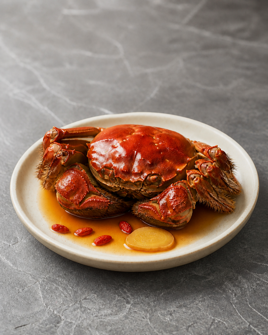 Huadiao drunken hairy crab on a cream plate