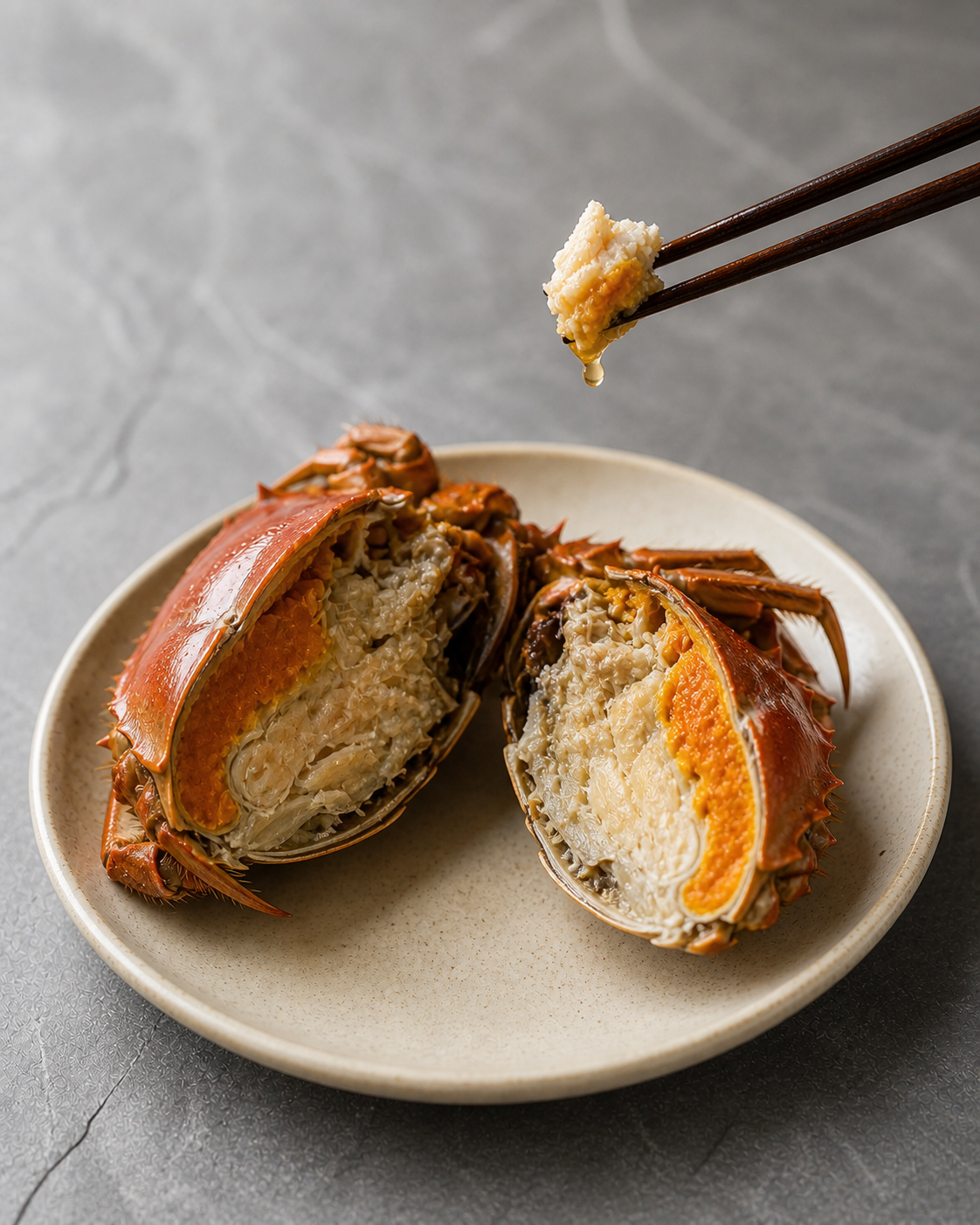 Hairy crab opened to show golden roe