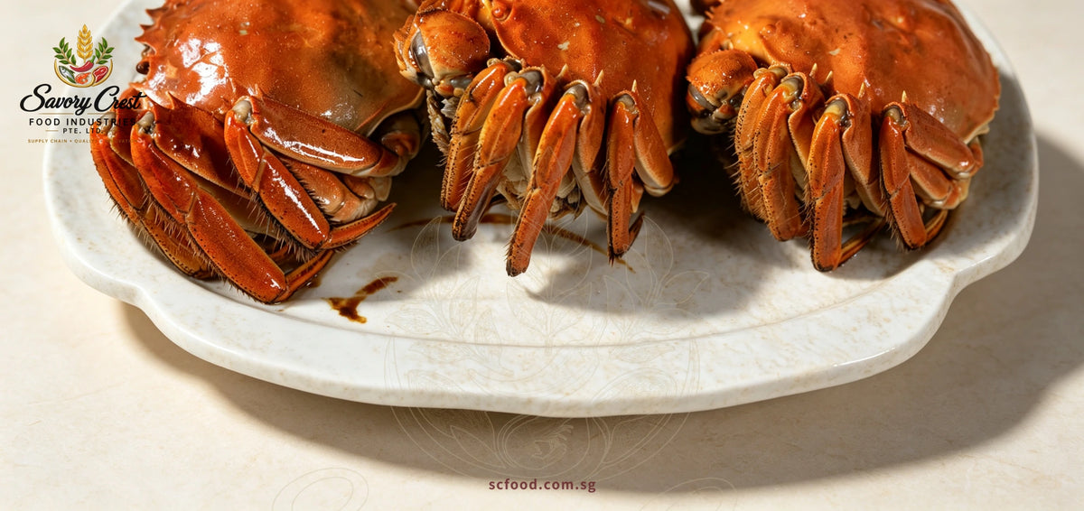 Close-up of three orange-red hairy crabs arranged on a cream ceramic platter.