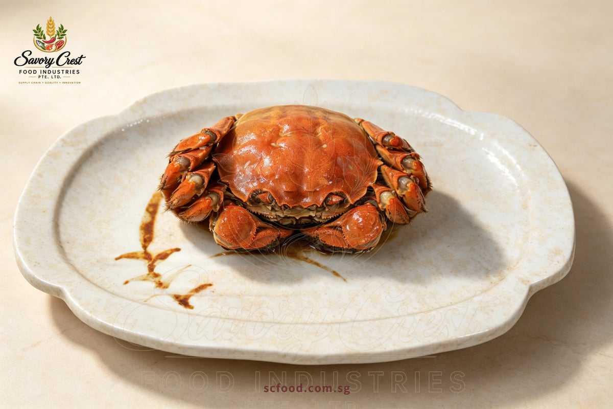 Whole Huadiao drunken hairy crab with a glossy orange shell on a cream ceramic platter.