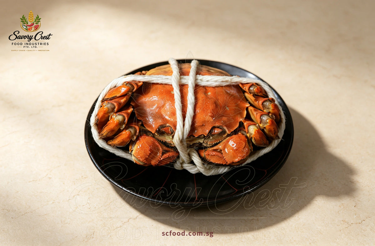 Whole hairy crab tied with white string and presented on a small black plate.