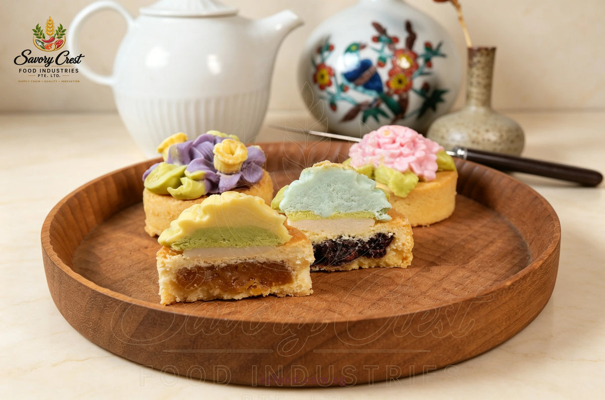 Two cut pastries reveal their fillings and layers, with purple and pink floral pastries behind them on a wooden tray.
