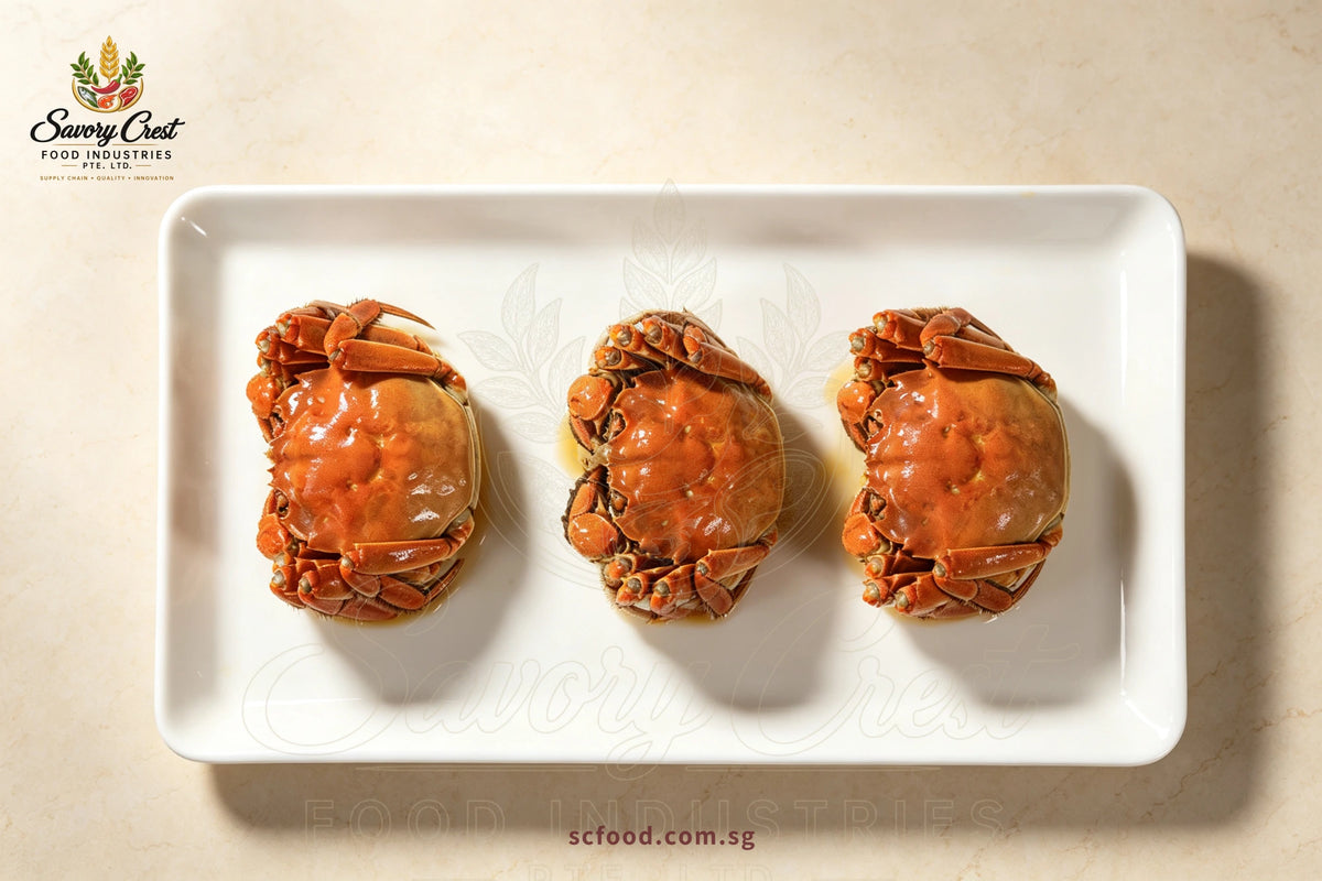 Overhead view of three whole hairy crabs in a row on a white rectangular platter.