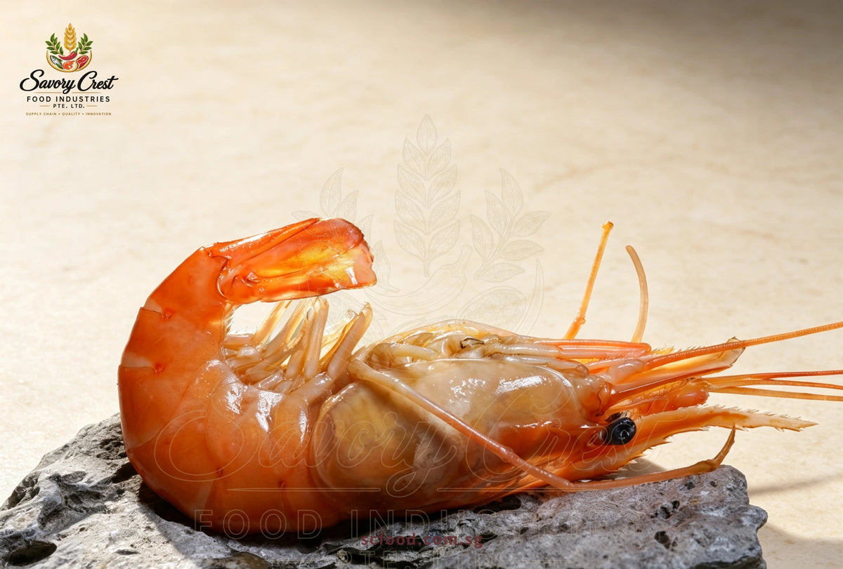 Close-up of a whole cooked river prawn with a curled tail on a textured grey stone.
