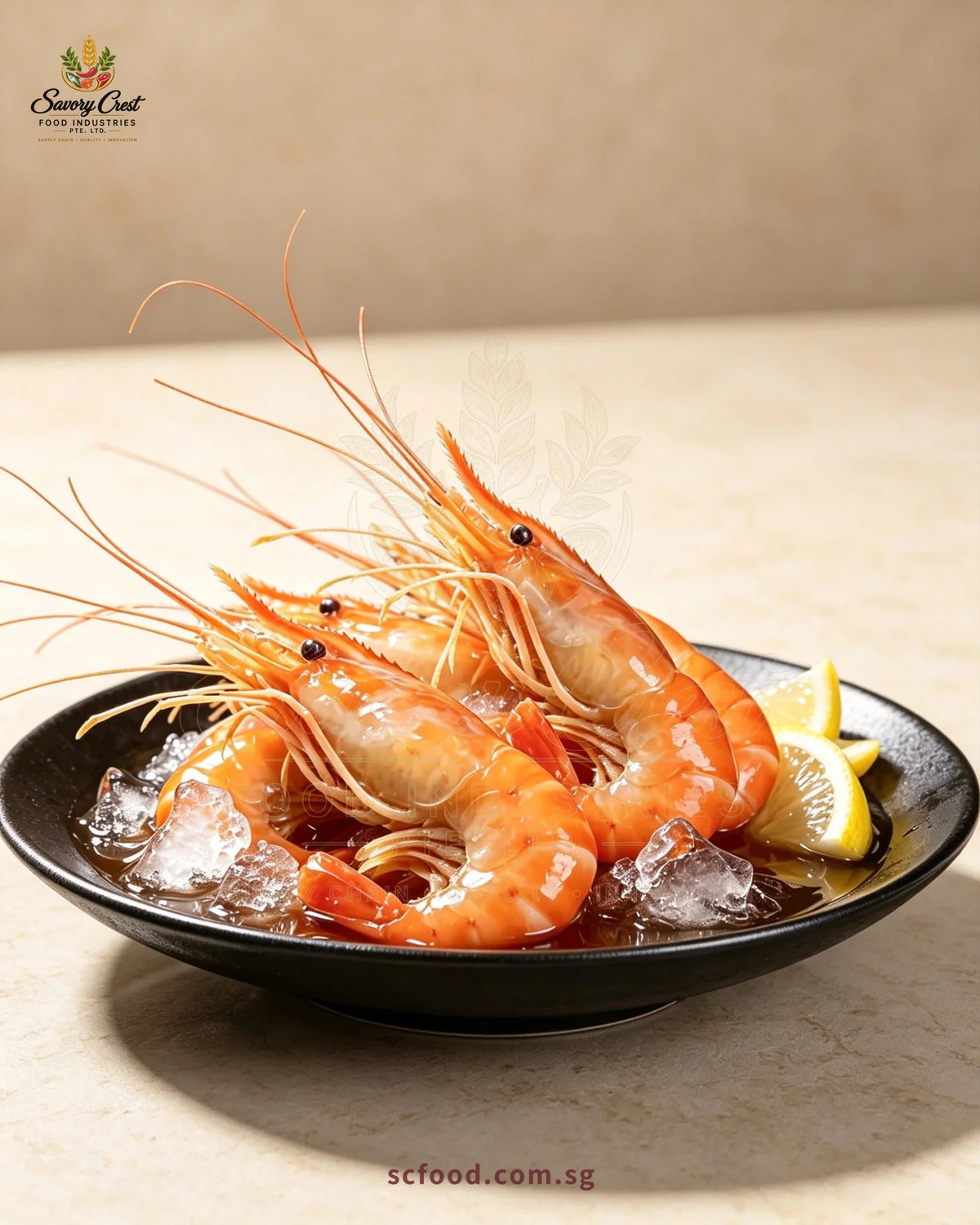 Orange-red Huadiao drunken river prawns in a black dish with glossy sauce, ice and lemon wedges.