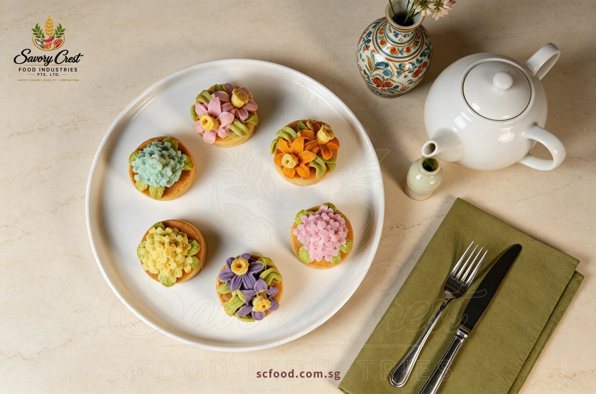 Six colourful flower-shaped pastries on a white plate with a teapot, patterned vase and olive-green napkin.