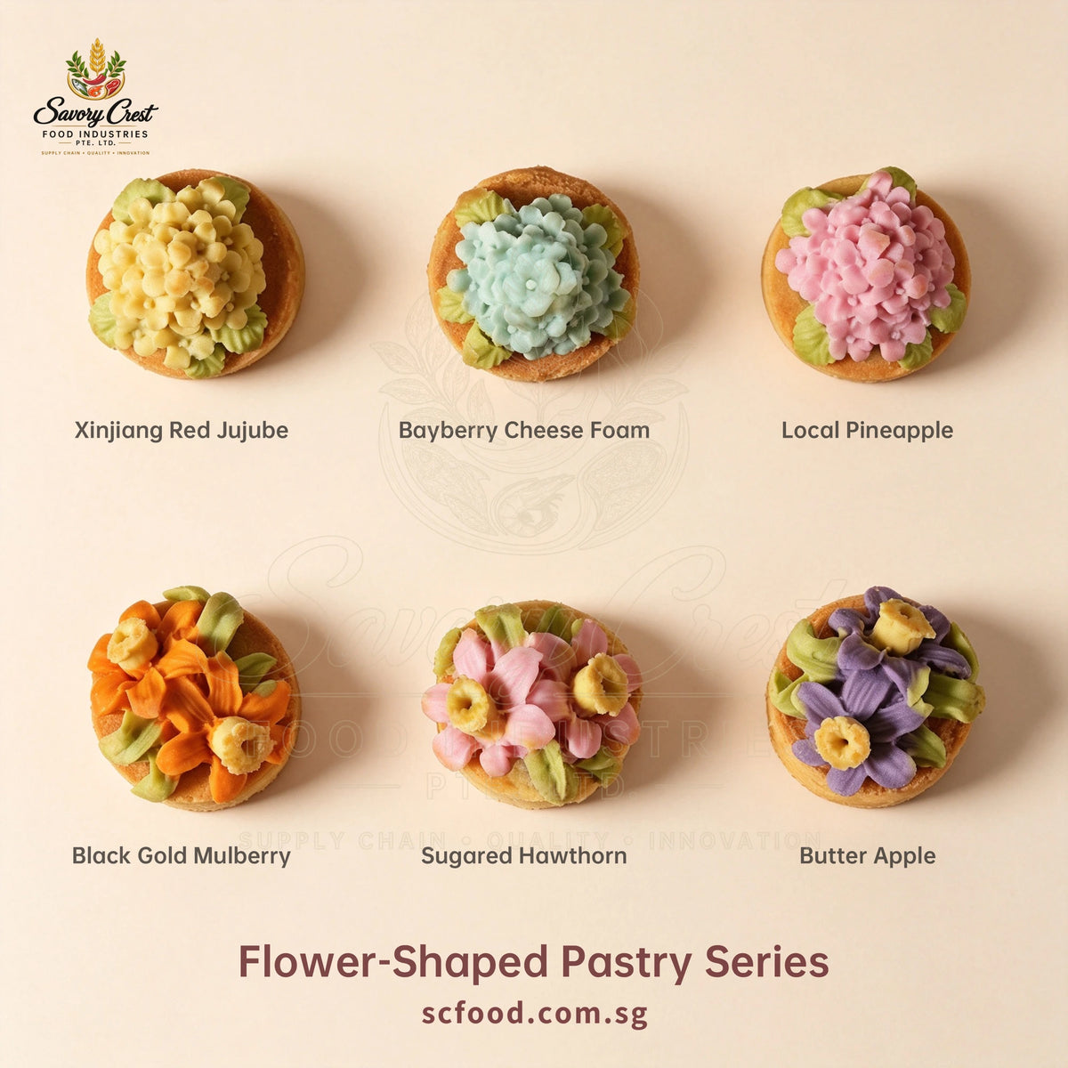 Six-flavour guide: Xinjiang Red Jujube, Bayberry Cheese Foam, Local Pineapple, Black Gold Mulberry, Sugared Hawthorn and Butter Apple.