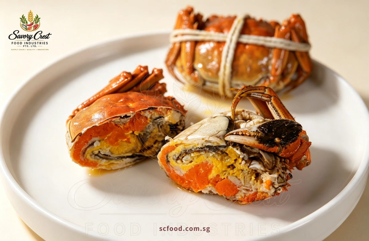 Hairy crab cut open to reveal orange roe and crab meat, with a tied whole crab behind it on a white plate.